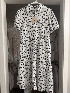 QED LONDON Shadow Floral Monochrome Black + White Printed Midi Shirt Dress US 6